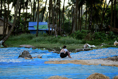 Rear view of man sitting on riverbank