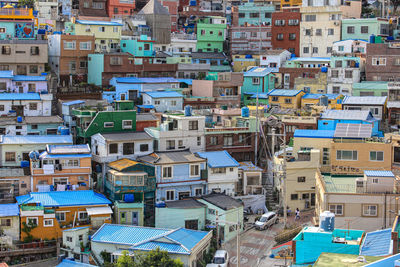 High angle view of buildings in city