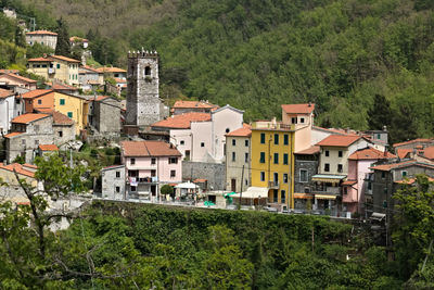 High angle view of buildings in town