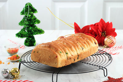 Christmas stollen. traditional sweet fruit loaf german bread,