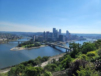 High angle view of city by sea against sky