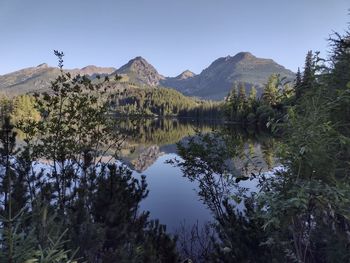 Scenic view of lake and mountains against clear sky