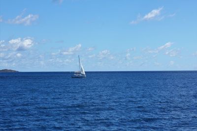 Sailboat sailing in sea against sky