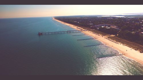 Aerial view of sea against clear sky