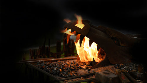 Close-up of burning fire on log at night