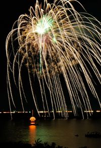 Firework display over illuminated bridge against sky at night