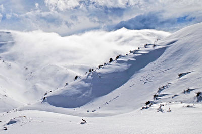 Scenic view of snow covered mountains against sky