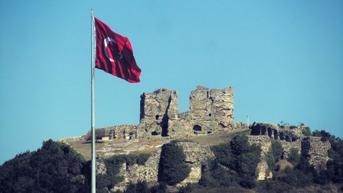 Low angle view of flag against clear sky