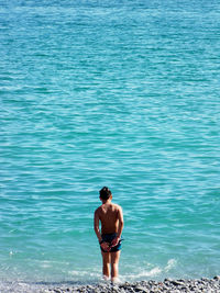 Rear view of shirtless man looking at sea