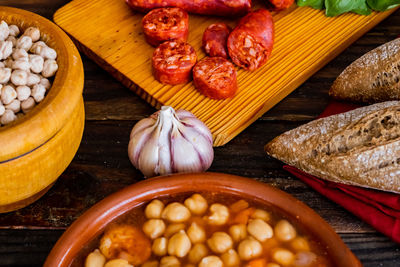 High angle view of chopped fruits on table