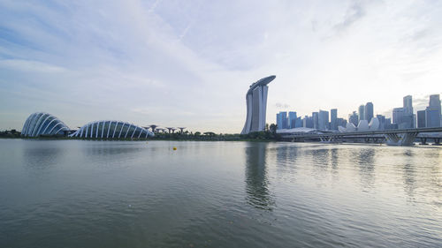 View of city buildings against cloudy sky