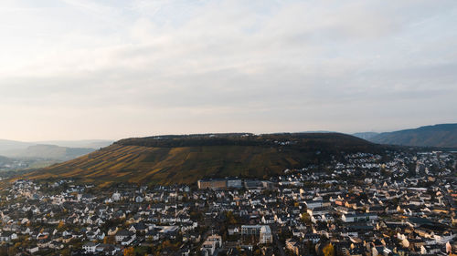 High angle shot of townscape against sky