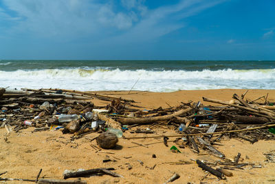 Sea coast after the storm. environmental nature waste. negombo, sri lanka.