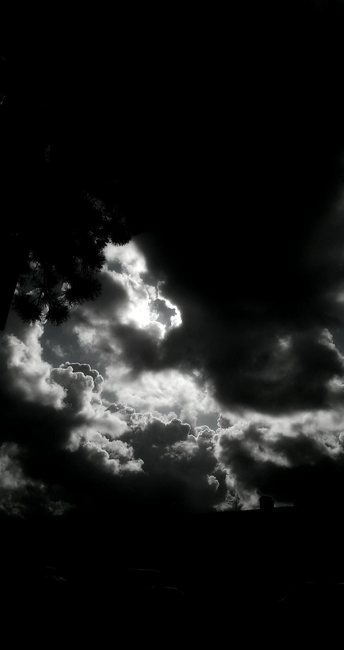 silhouette, sky, cloud - sky, low angle view, tranquility, beauty in nature, cloudy, scenics, tranquil scene, nature, dark, cloud, sunset, dusk, tree, outdoors, overcast, no people, weather, idyllic