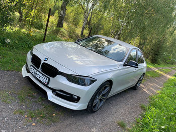 High angle view of car parked on road