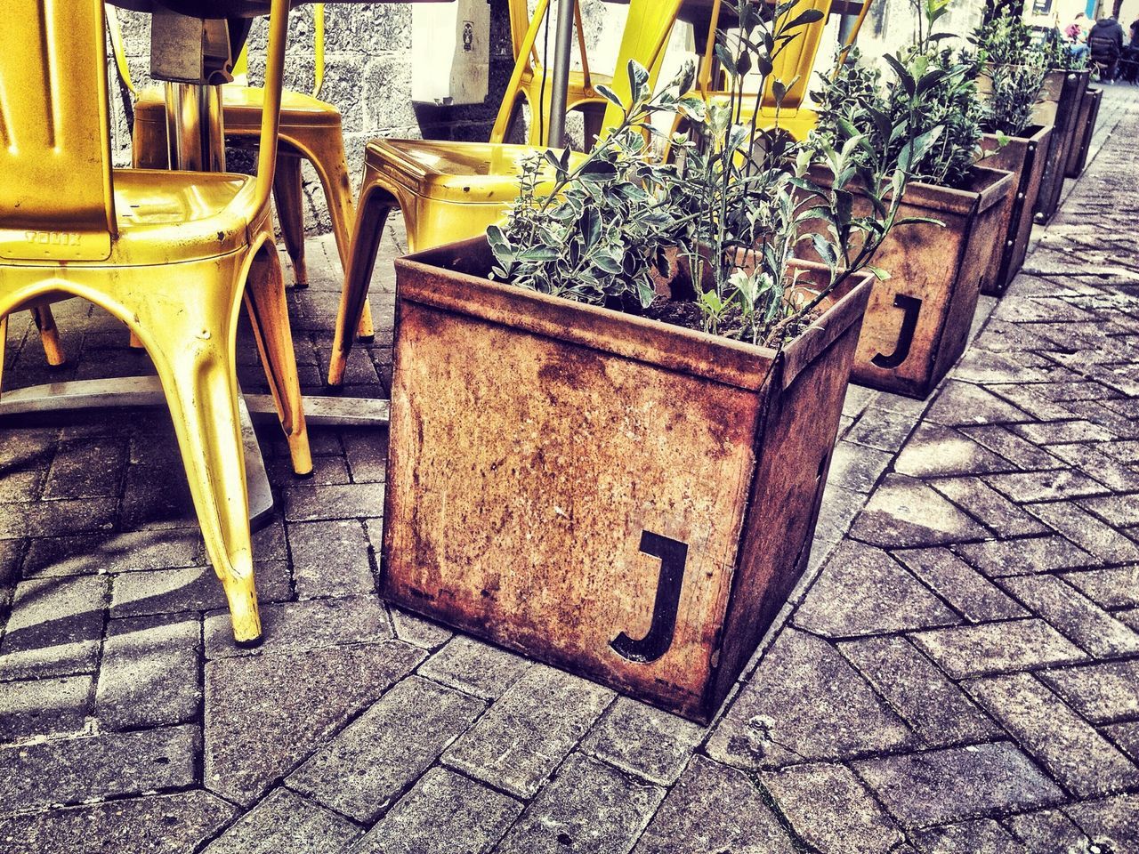 cobblestone, paving stone, sidewalk, street, built structure, footpath, building exterior, architecture, high angle view, yellow, empty, outdoors, transportation, sunlight, absence, day, potted plant, chair, no people, pavement