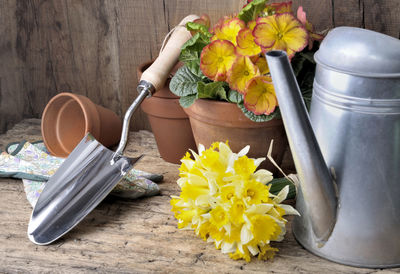 Yellow flowers in pot on table