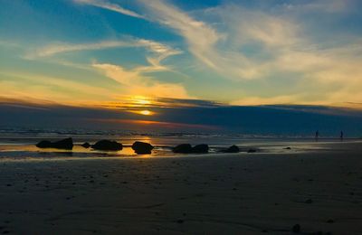 Scenic view of beach against sky during sunset
