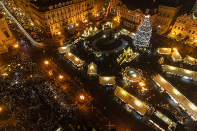 High angle view of illuminated buildings at night