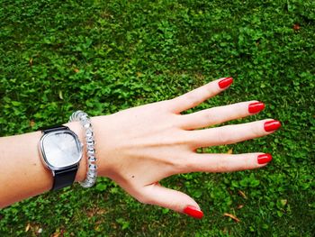 Cropped image of woman hand against plants