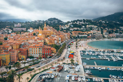 Aerial view of townscape against sky