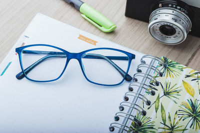 High angle view of eyeglasses on table