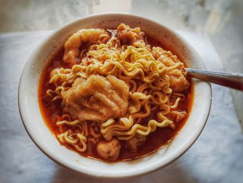 High angle view of soup in bowl