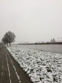 Snow covered road by bare trees against sky