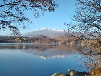 Scenic view of lake by snowcapped mountains against sky