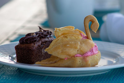 Close-up of cake in plate on table