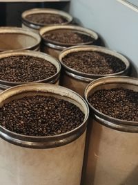 High angle view of coffee beans on table