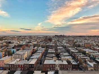 High angle view of townscape against sky during sunset