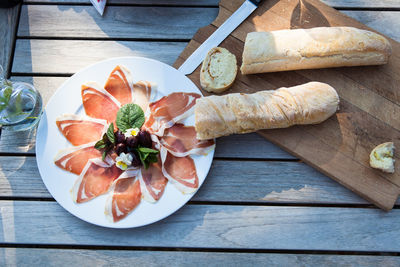 High angle view of breakfast on table