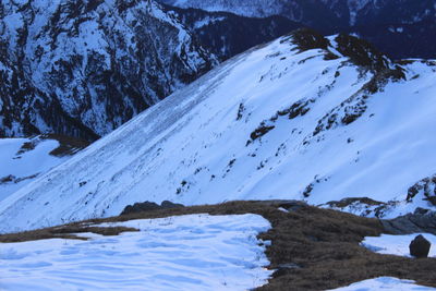 Close-up of frozen lake against mountain