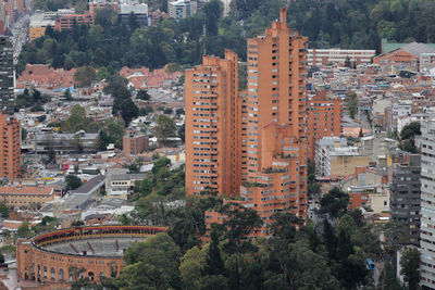 High angle view of buildings in city