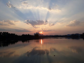 Scenic view of lake against sky during sunset