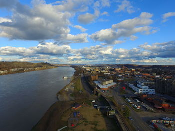 High angle view of road passing through city