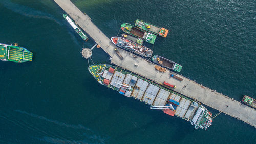 High angle view of ship moored in sea