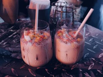 High angle view of drink on table