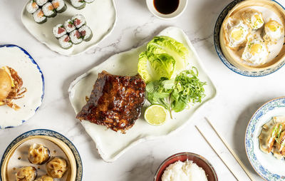 High angle view of food served on table