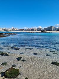 Scenic view of sea against clear blue sky
