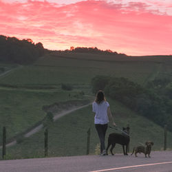 Rear view of woman with dog against sky