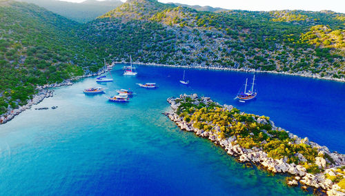 High angle view of boats in sea