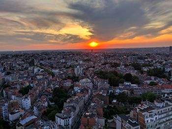 High angle view of townscape against sky during sunset