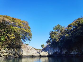 Scenic view of sea against clear blue sky