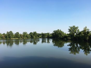 Scenic view of lake against clear blue sky