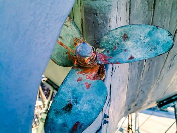 High angle view of old boat moored in water