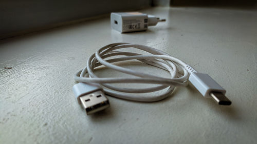 High angle view of telephone on table