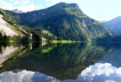 Scenic view of lake and mountains against sky