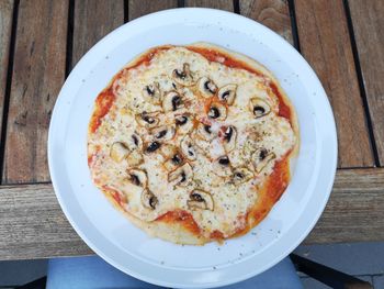 High angle view of pizza on table